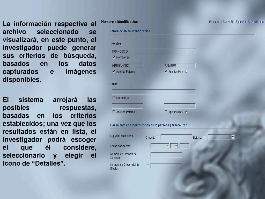 La información respectiva al archivo seleccionado se visualizará, en este punto, el investigador puede generar sus criterios de búsqueda, basados en los datos capturados e imágenes disponibles.