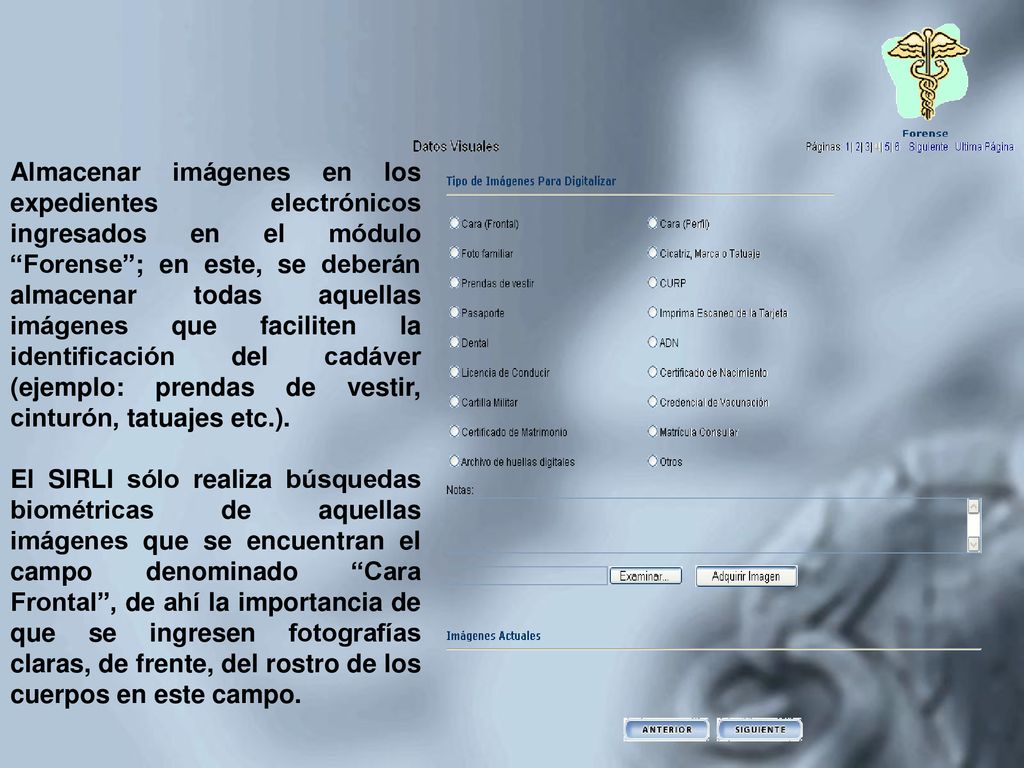 Almacenar imágenes en los expedientes electrónicos ingresados en el módulo Forense ; en este, se deberán almacenar todas aquellas imágenes que faciliten la identificación del cadáver (ejemplo: prendas de vestir, cinturón, tatuajes etc.).