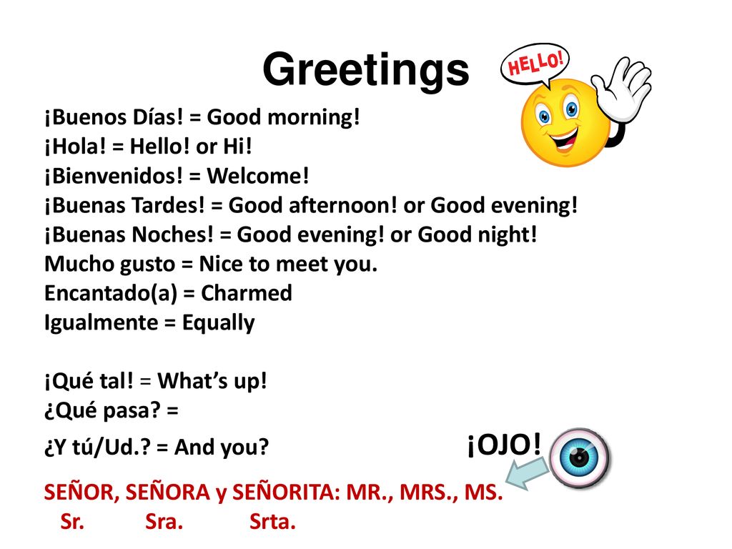 Greetings ¡Buenos Días! = Good morning! ¡Hola! = Hello! or Hi!