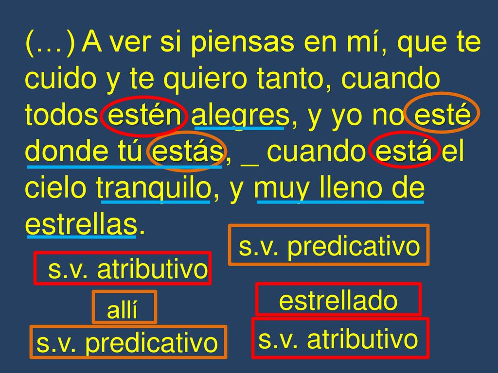 (…) A ver si piensas en mí, que te cuido y te quiero tanto, cuando todos estén alegres, y yo no esté donde tú estás, _ cuando está el cielo tranquilo, y muy lleno de estrellas.