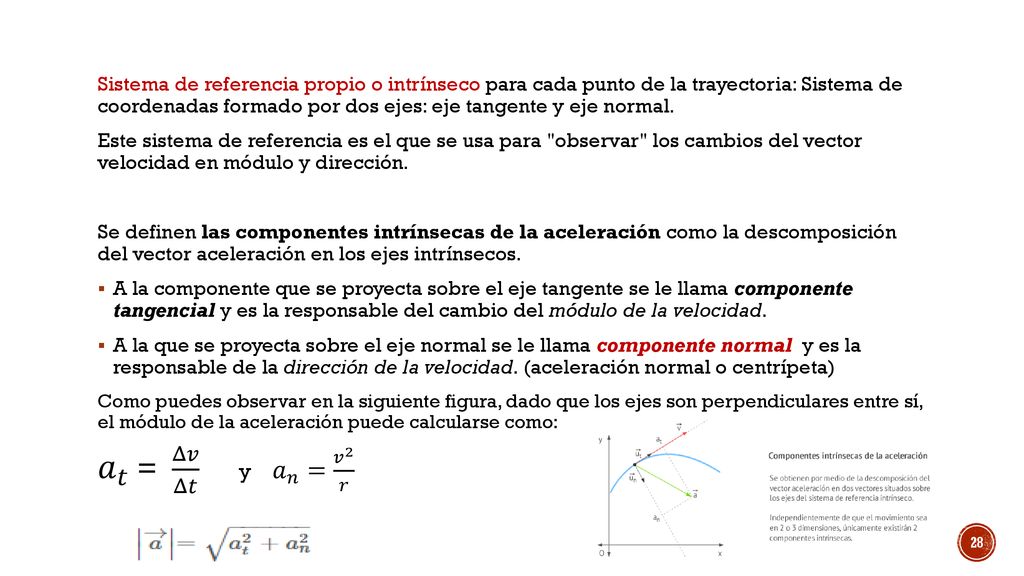Sistema de referencia propio o intrínseco para cada punto de la trayectoria: Sistema de coordenadas formado por dos ejes: eje tangente y eje normal.