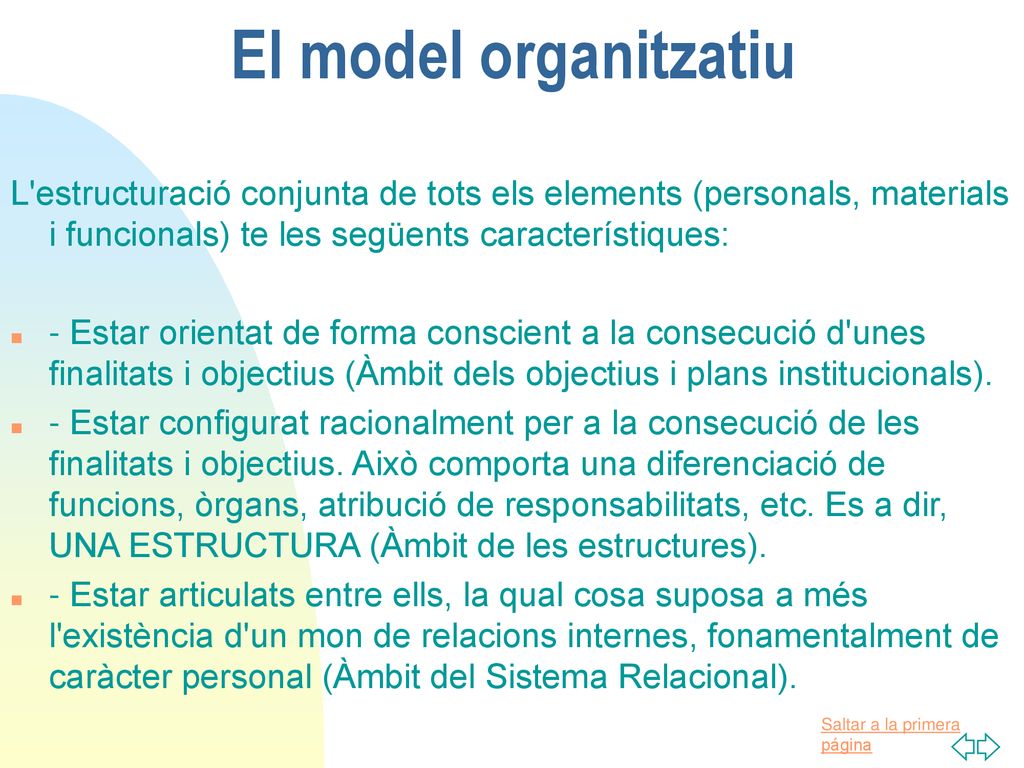 El model organitzatiu L estructuració conjunta de tots els elements (personals, materials i funcionals) te les següents característiques: