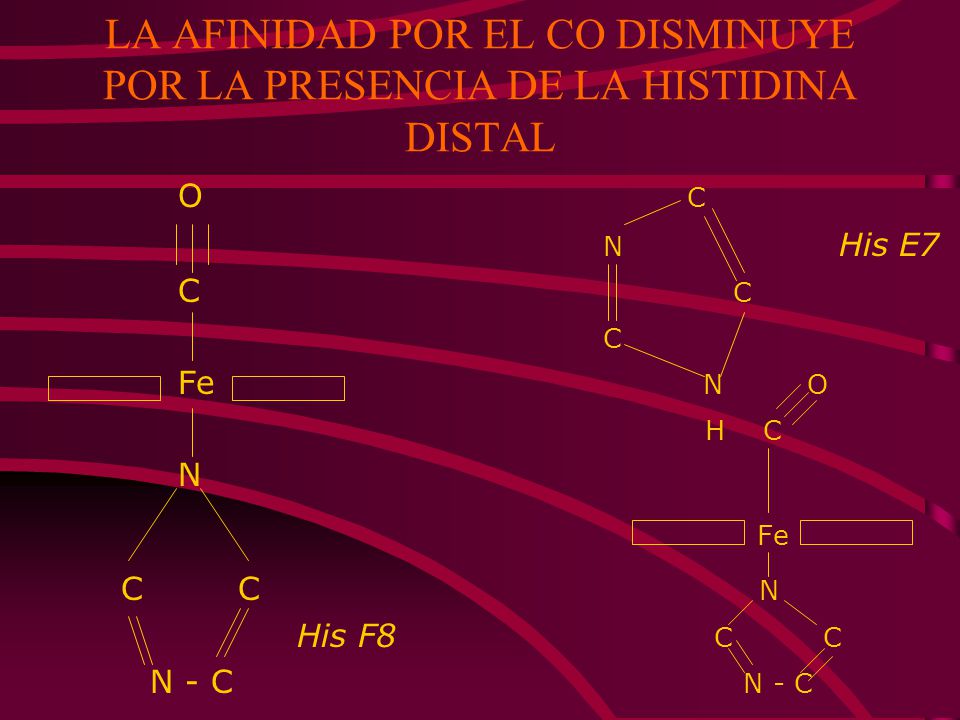 LA AFINIDAD POR EL CO DISMINUYE POR LA PRESENCIA DE LA HISTIDINA DISTAL