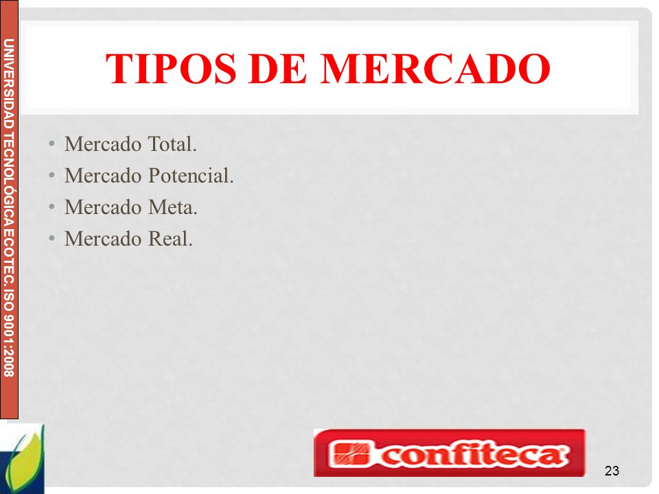 Tipos de mercado Mercado Total. Mercado Potencial. Mercado Meta.
