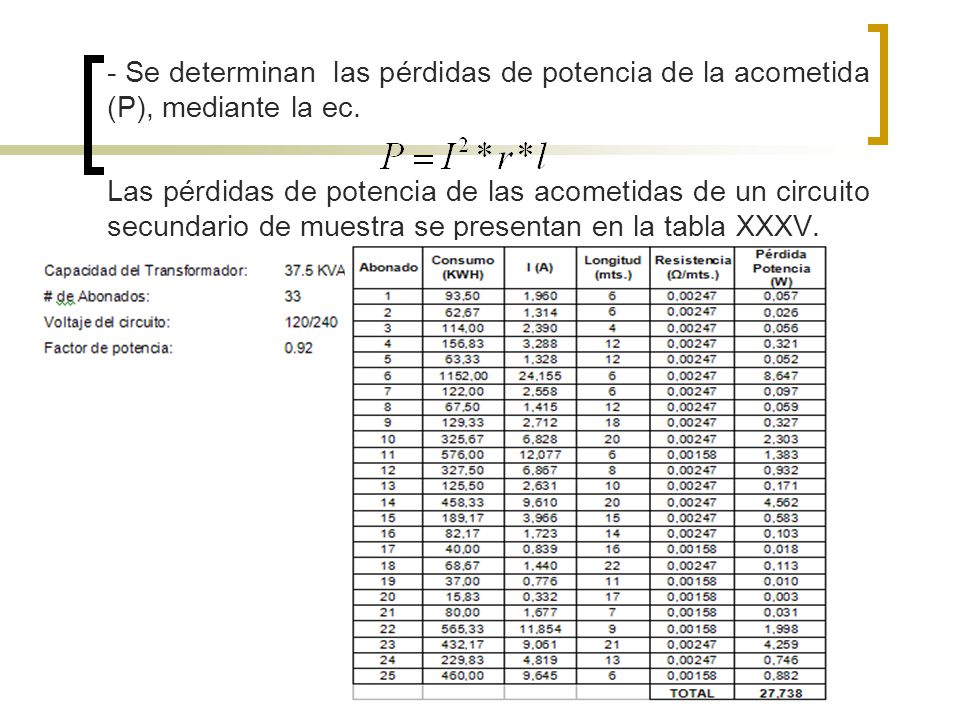 - Se determinan las pérdidas de potencia de la acometida (P), mediante la ec.