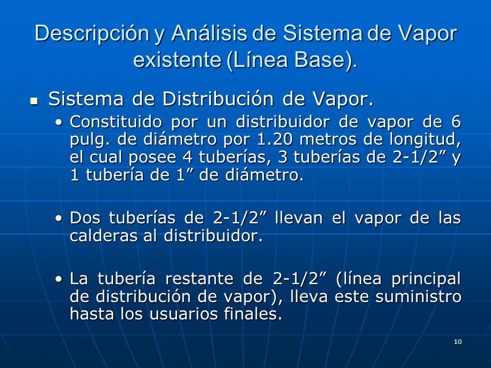 Descripción y Análisis de Sistema de Vapor existente (Línea Base).