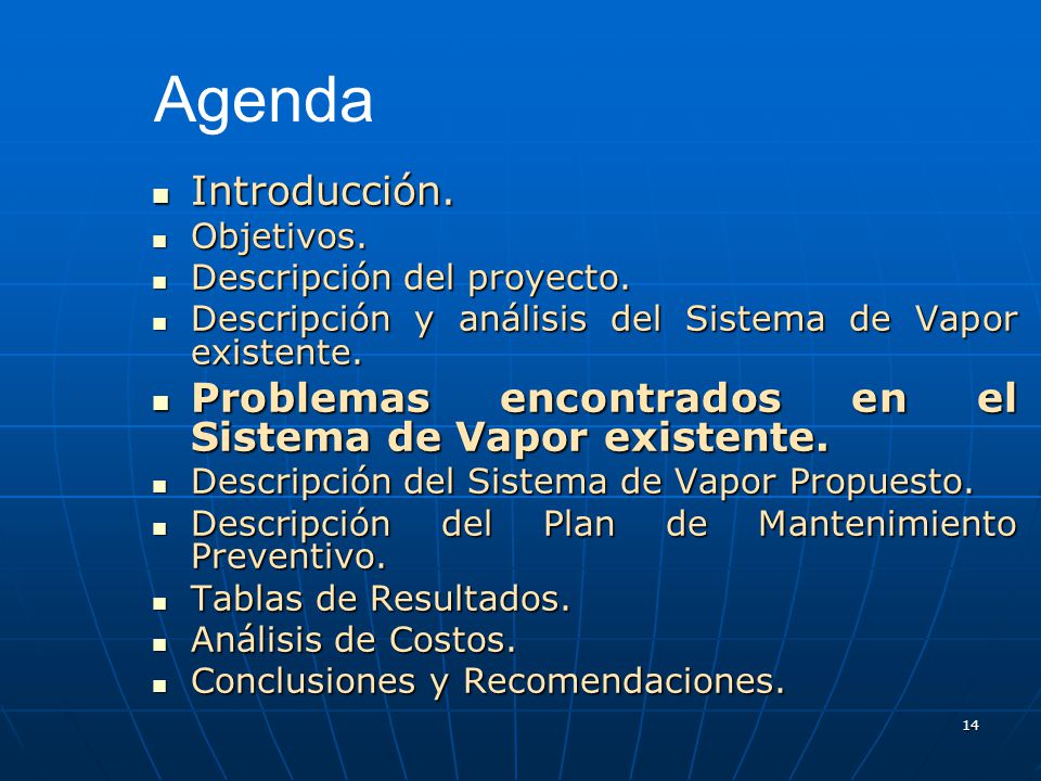 Agenda Introducción. Objetivos. Descripción del proyecto. Descripción y análisis del Sistema de Vapor existente.