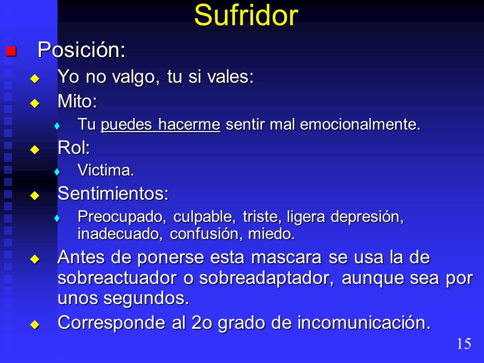 Sufridor Posición: Yo no valgo, tu si vales: Mito: Rol: Sentimientos: