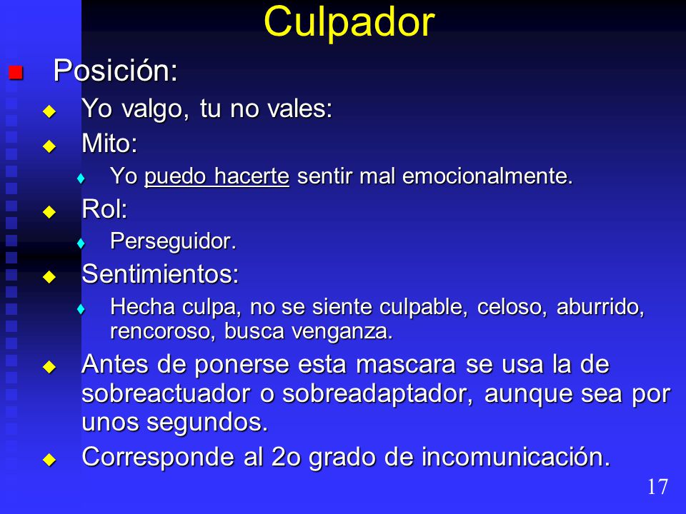 Culpador Posición: Yo valgo, tu no vales: Mito: Rol: Sentimientos: