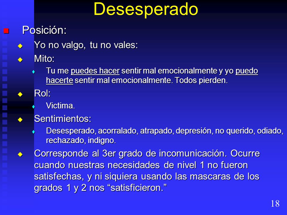 Desesperado Posición: Yo no valgo, tu no vales: Mito: Rol: