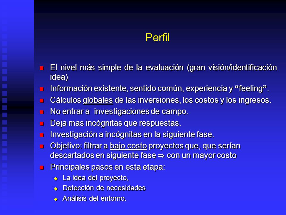 Perfil El nivel más simple de la evaluación (gran visión/identificación idea) Información existente, sentido común, experiencia y feeling .
