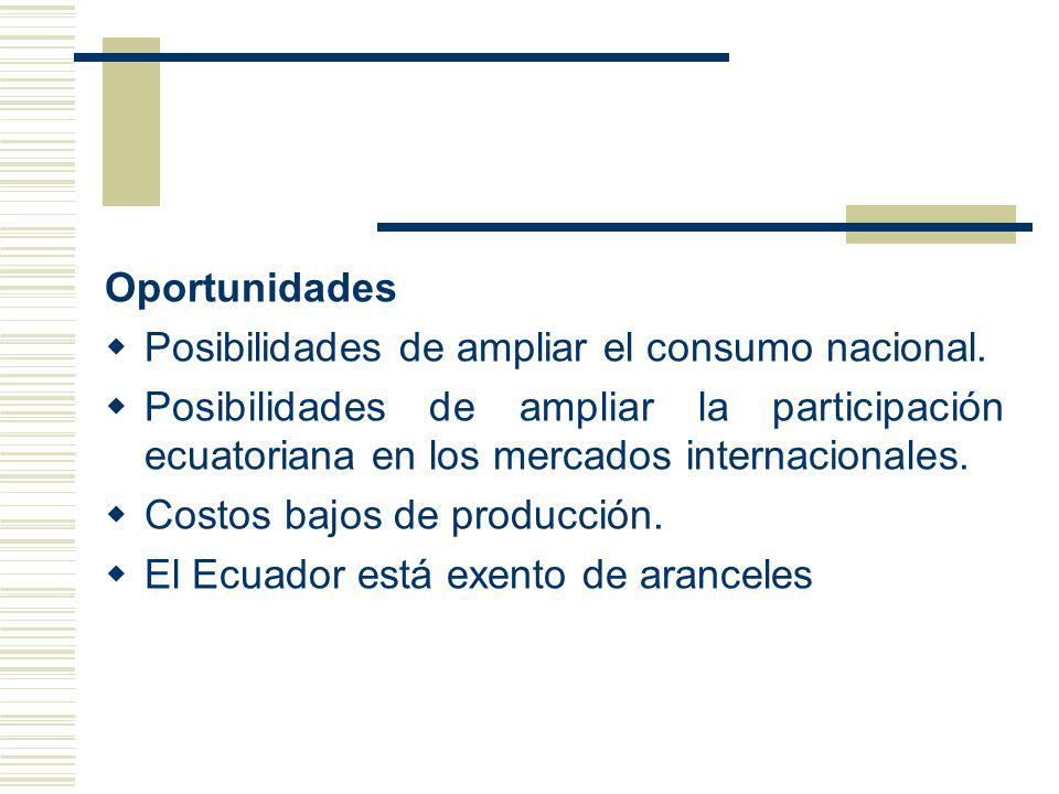 Oportunidades Posibilidades de ampliar el consumo nacional. Posibilidades de ampliar la participación ecuatoriana en los mercados internacionales.