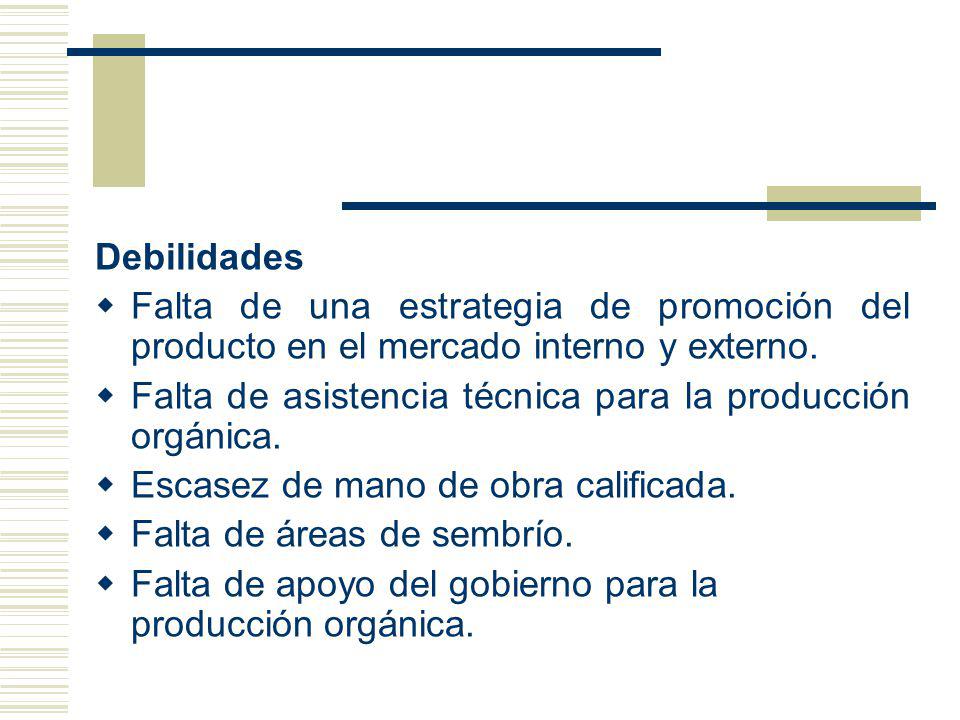 Debilidades Falta de una estrategia de promoción del producto en el mercado interno y externo.