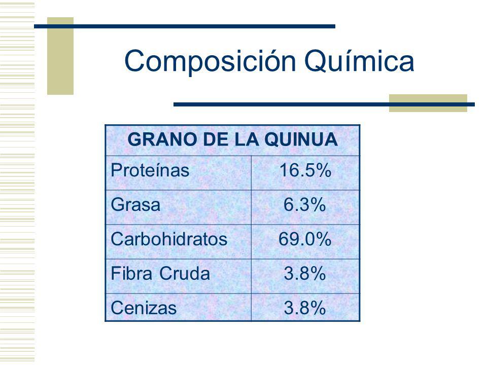 Composición Química GRANO DE LA QUINUA Proteínas 16.5% Grasa 6.3%