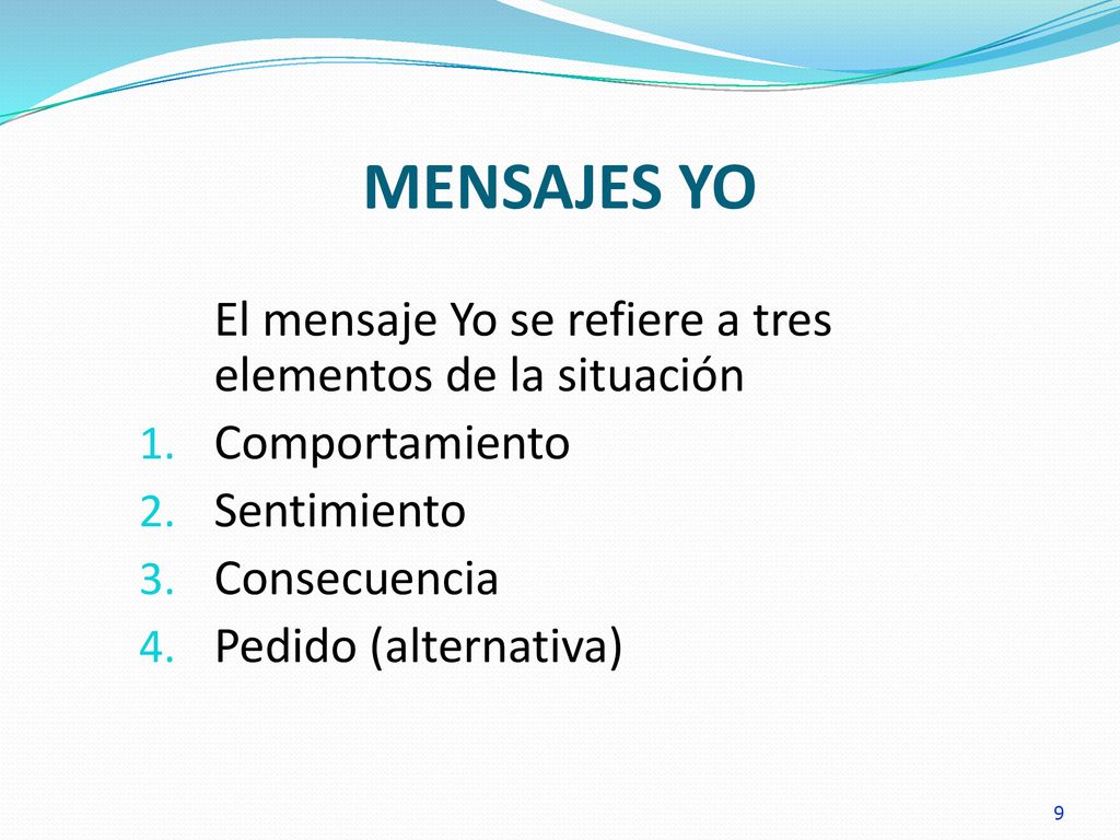 MENSAJES YO El mensaje Yo se refiere a tres elementos de la situación