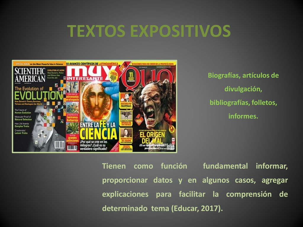 TEXTOS EXPOSITIVOS Biografías, artículos de divulgación, bibliografías, folletos, informes.