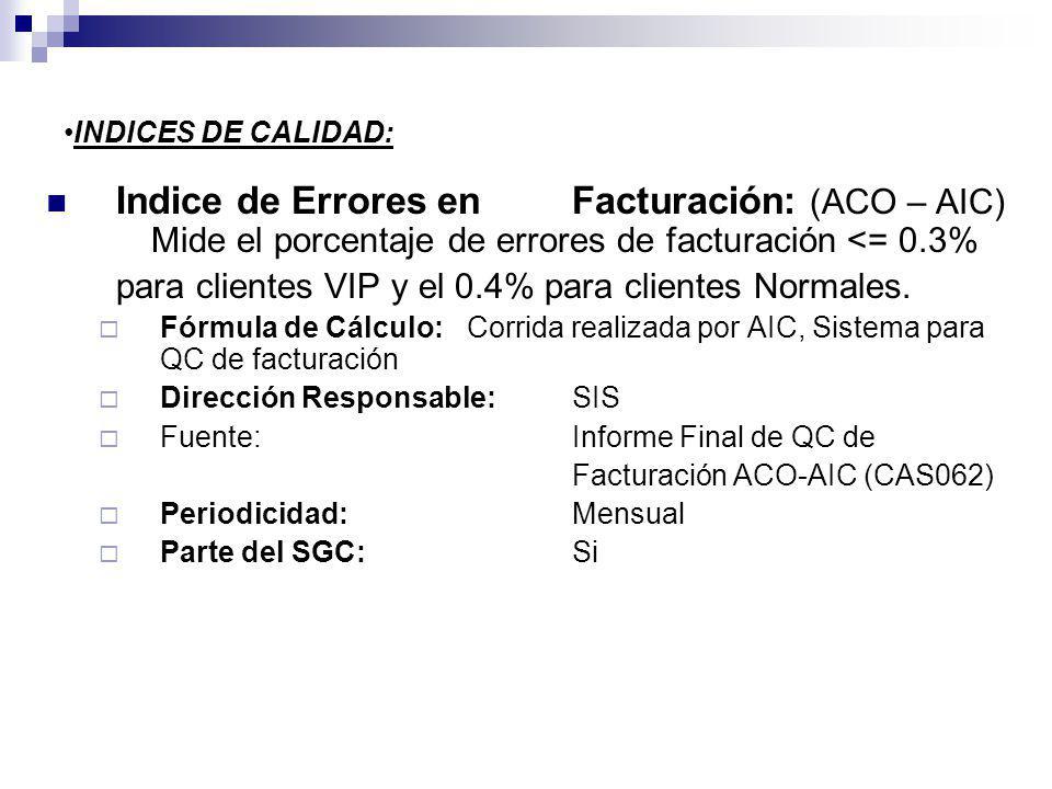 INDICES DE CALIDAD: Indice de Errores en Facturación: (ACO – AIC) Mide el porcentaje de errores de facturación <= 0.3%