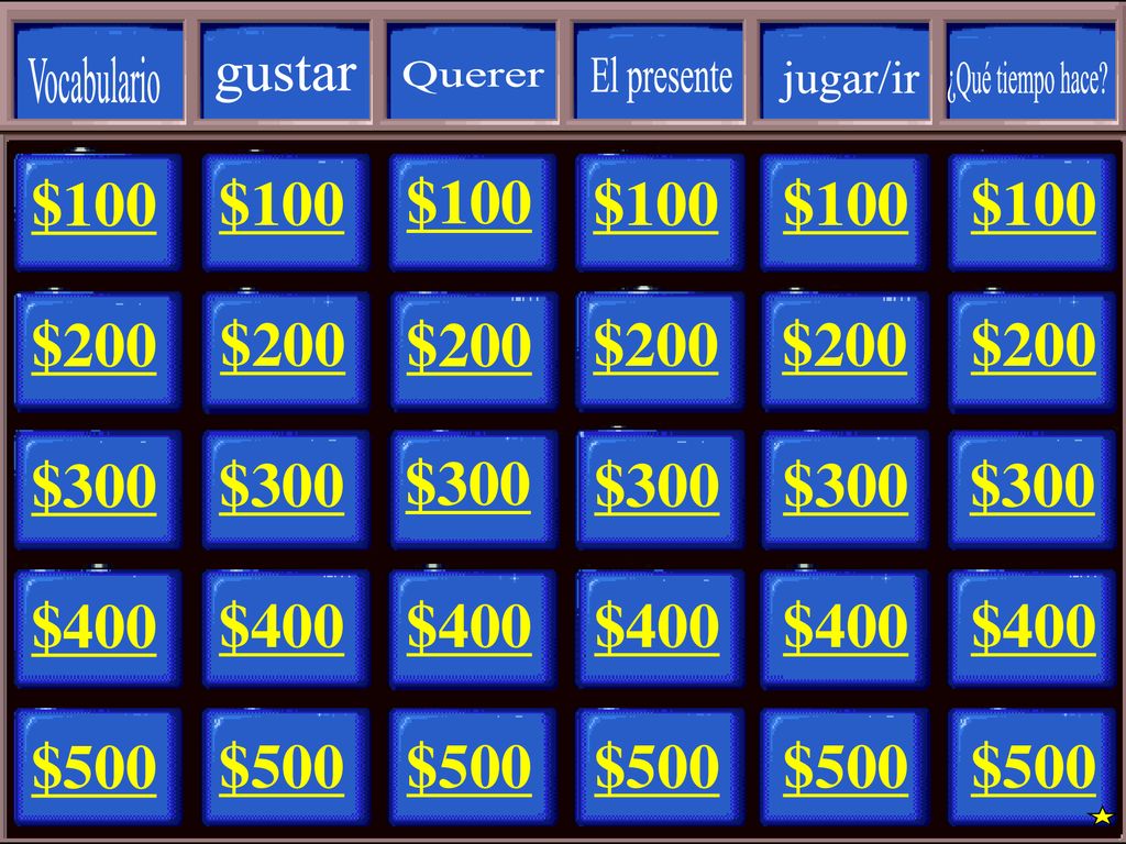 Vocabulario gustar. Querer. El presente. jugar/ir. ¿Qué tiempo hace $100. $100. $100. $100.