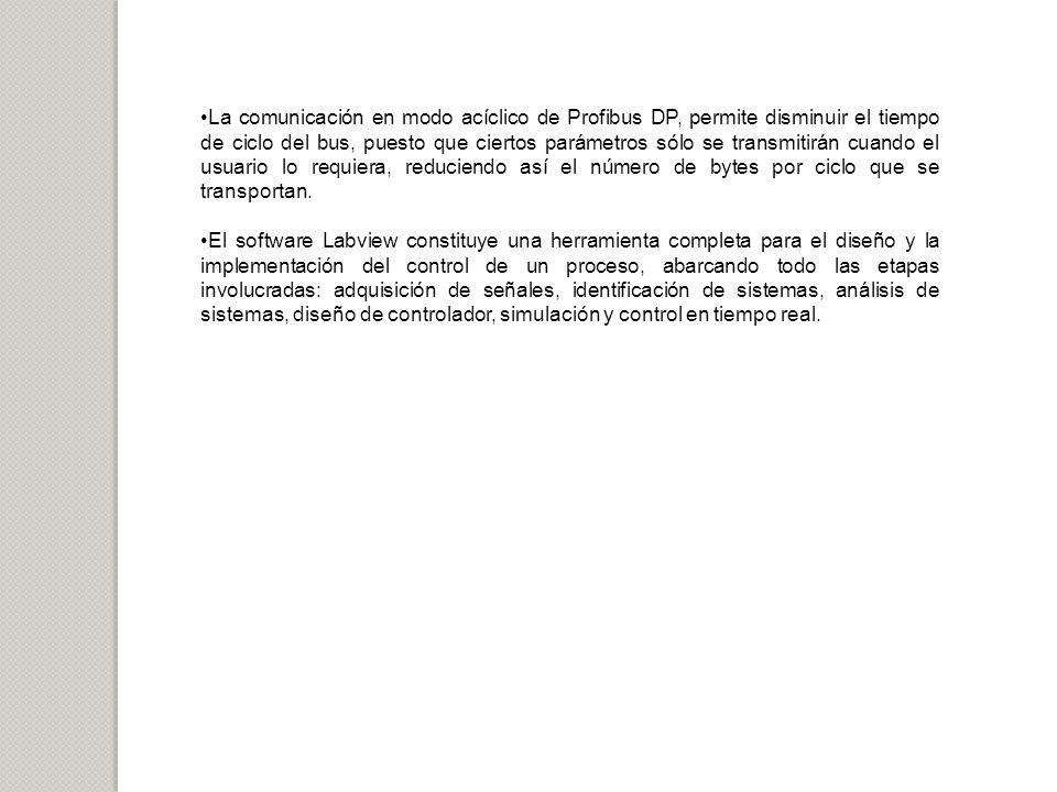 La comunicación en modo acíclico de Profibus DP, permite disminuir el tiempo de ciclo del bus, puesto que ciertos parámetros sólo se transmitirán cuando el usuario lo requiera, reduciendo así el número de bytes por ciclo que se transportan.