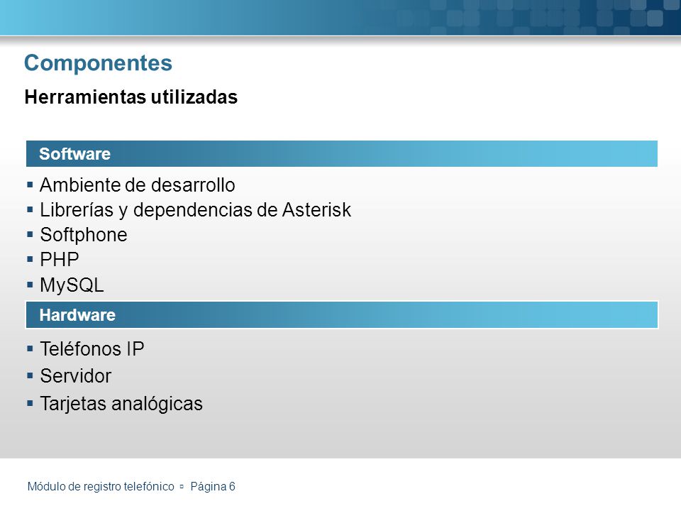 Componentes Herramientas utilizadas Ambiente de desarrollo