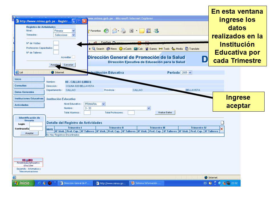 En esta ventana ingrese los datos realizados en la Institución Educativa por cada Trimestre