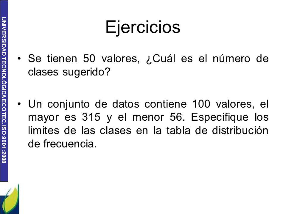 Ejercicios Se tienen 50 valores, ¿Cuál es el número de clases sugerido