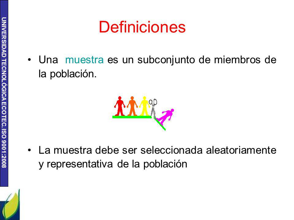 Definiciones Una muestra es un subconjunto de miembros de la población.