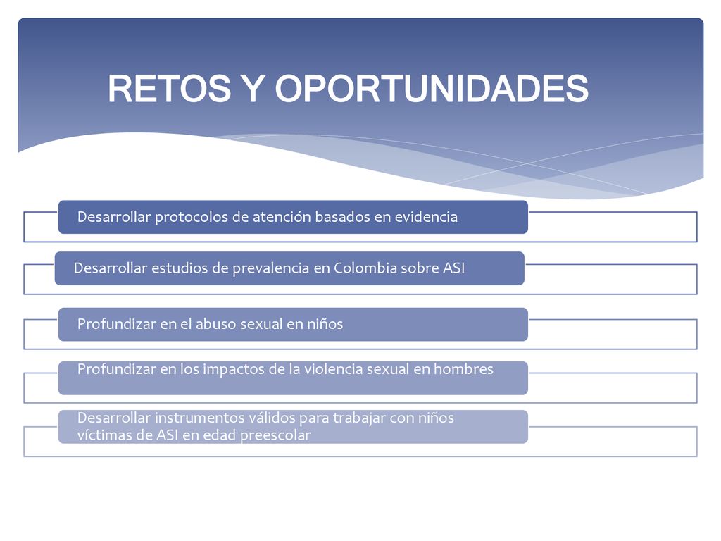 RETOS Y OPORTUNIDADES Desarrollar protocolos de atención basados en evidencia. Desarrollar estudios de prevalencia en Colombia sobre ASI.
