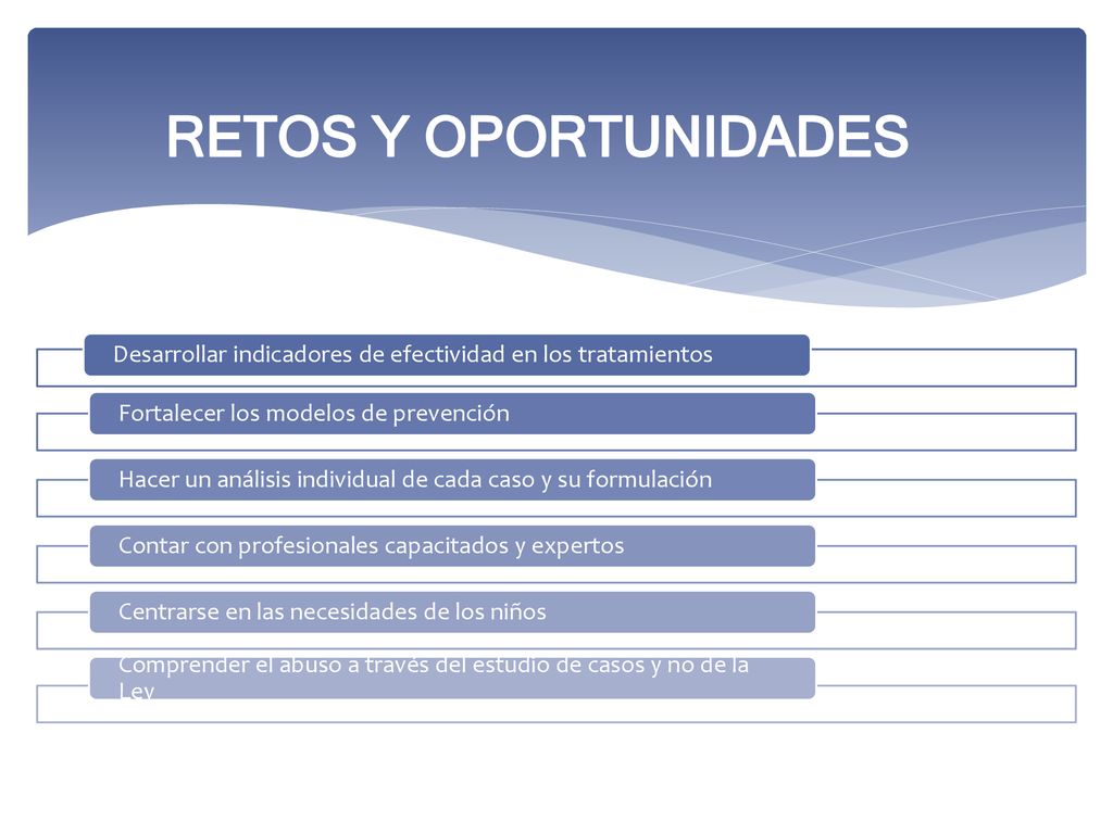 RETOS Y OPORTUNIDADES Desarrollar indicadores de efectividad en los tratamientos. Fortalecer los modelos de prevención.