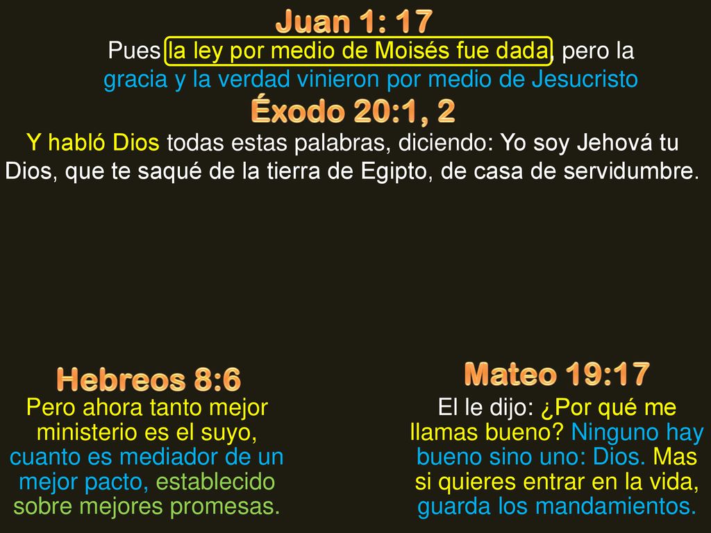 Juan 1: 17 Éxodo 20:1, 2 Mateo 19:17 Hebreos 8:6