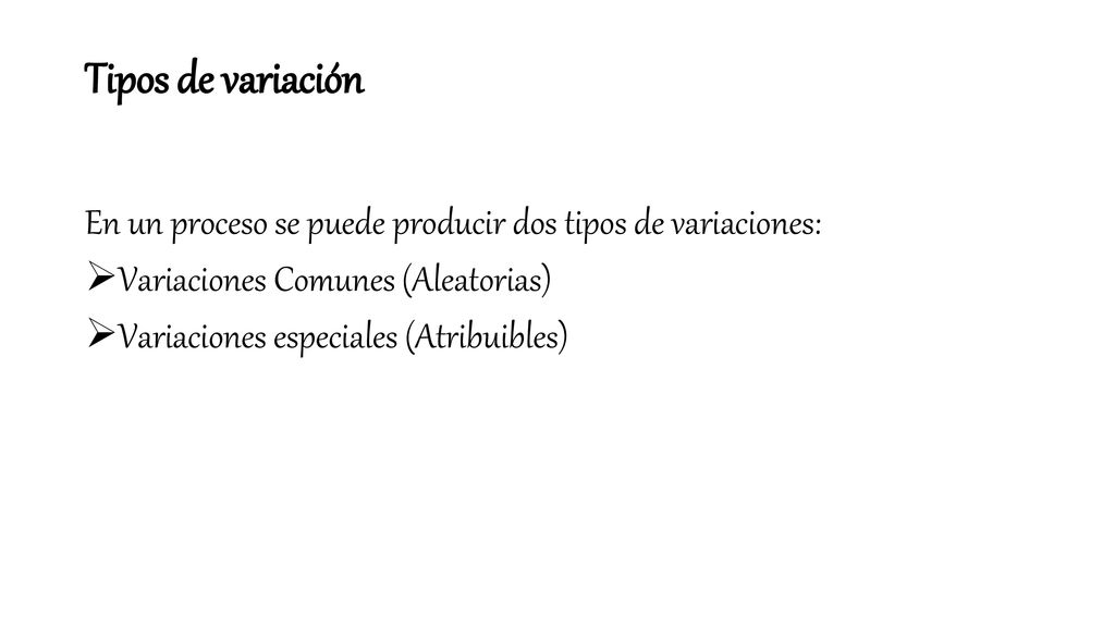 Tipos de variación En un proceso se puede producir dos tipos de variaciones: Variaciones Comunes (Aleatorias)