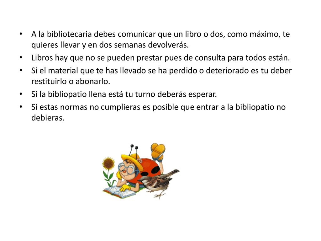 A la bibliotecaria debes comunicar que un libro o dos, como máximo, te quieres llevar y en dos semanas devolverás.