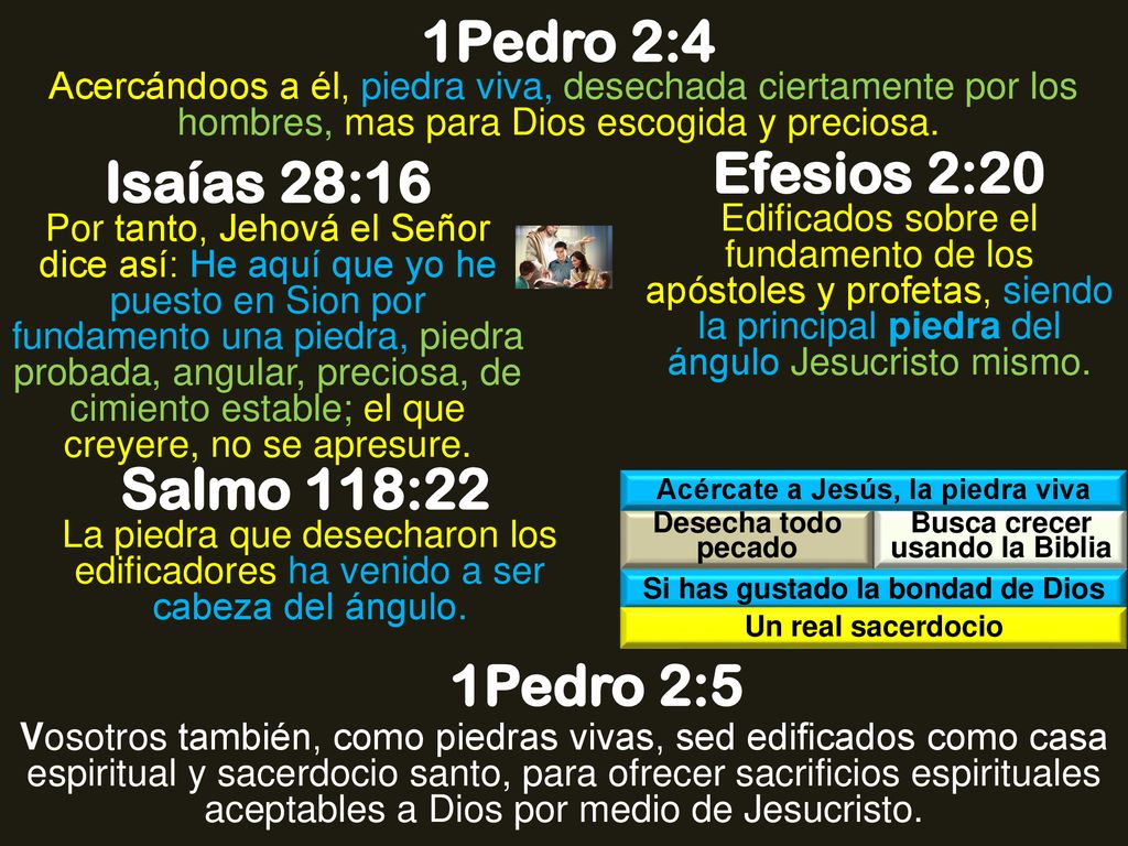 1Pedro 2:4 Efesios 2:20 Isaías 28:16 Salmo 118:22 1Pedro 2:5