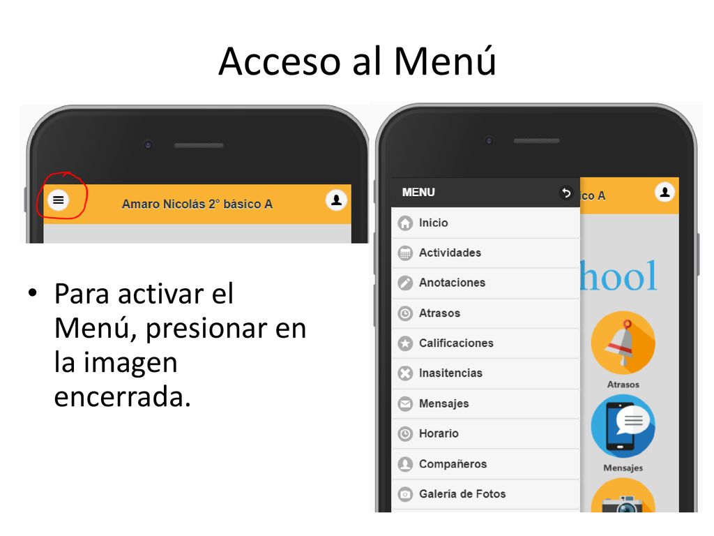Acceso al Menú Para activar el Menú, presionar en la imagen encerrada.