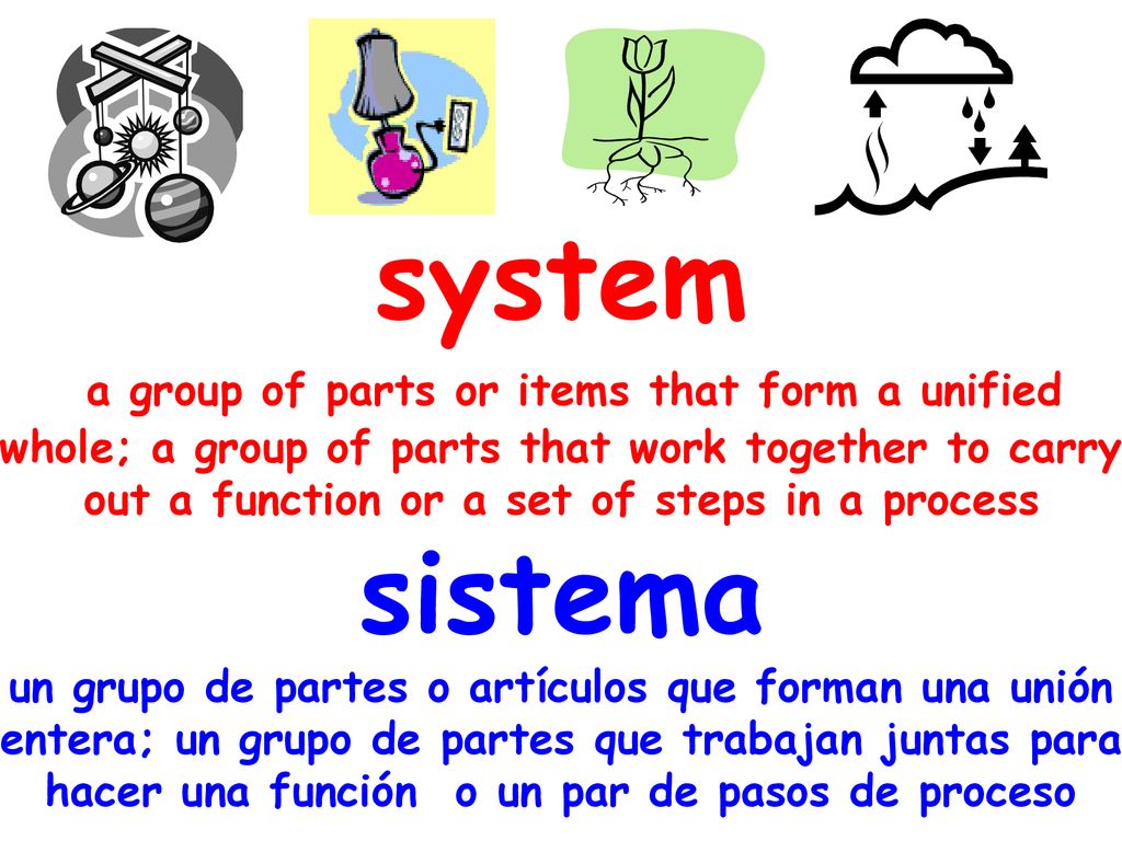 system a group of parts or items that form a unified whole; a group of parts that work together to carry out a function or a set of steps in a process sistema un grupo de partes o artículos que forman una unión entera; un grupo de partes que trabajan juntas para hacer una función o un par de pasos de proceso