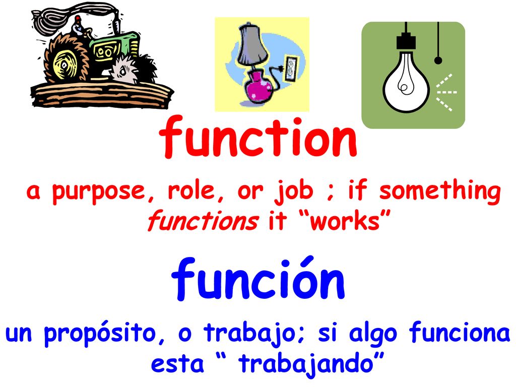 function a purpose, role, or job ; if something functions it works función.