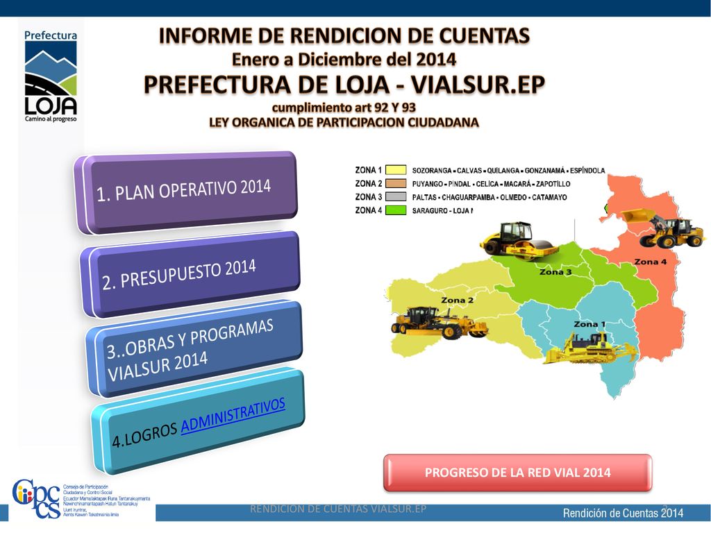 INFORME DE RENDICION DE CUENTAS Enero a Diciembre del 2014 PREFECTURA DE LOJA - VIALSUR.EP cumplimiento art 92 Y 93 LEY ORGANICA DE PARTICIPACION CIUDADANA