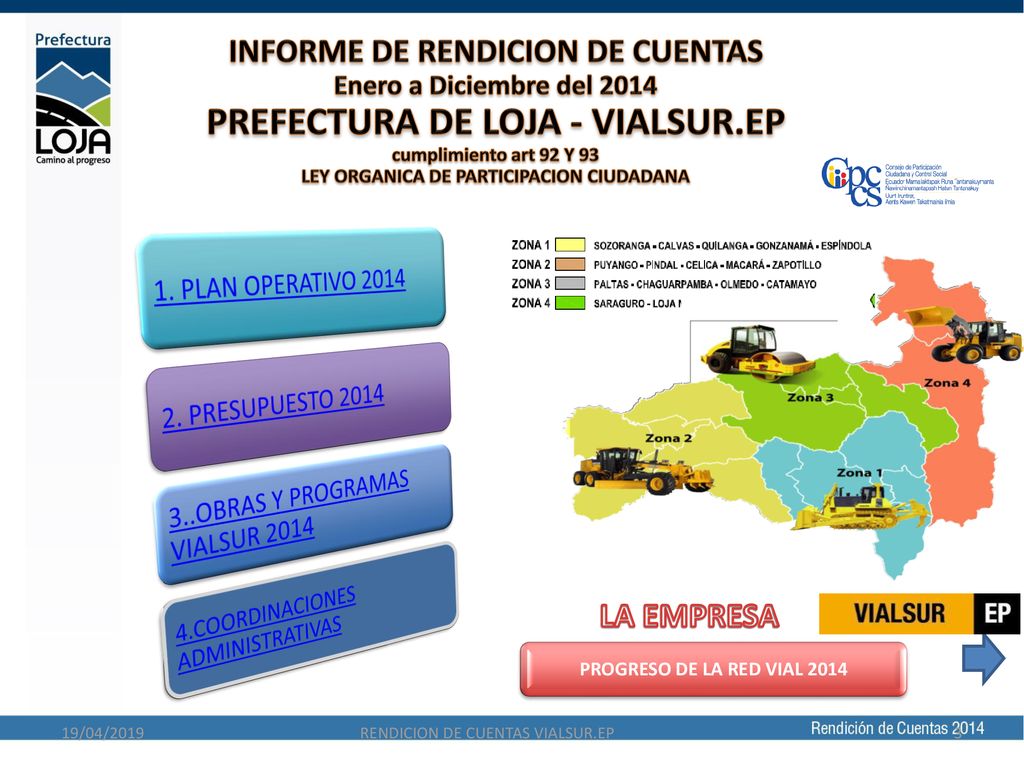 INFORME DE RENDICION DE CUENTAS Enero a Diciembre del 2014 PREFECTURA DE LOJA - VIALSUR.EP cumplimiento art 92 Y 93 LEY ORGANICA DE PARTICIPACION CIUDADANA