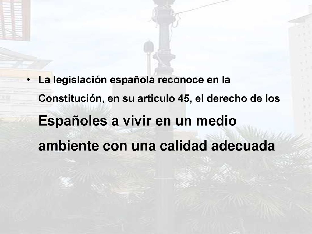 La legislación española reconoce en la Constitución, en su articulo 45, el derecho de los Españoles a vivir en un medio ambiente con una calidad adecuada
