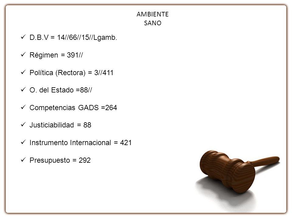 AMBIENTE SANO D.B.V = 14//66//15//Lgamb. Régimen = 391// Política (Rectora) = 3//411. O. del Estado =88//