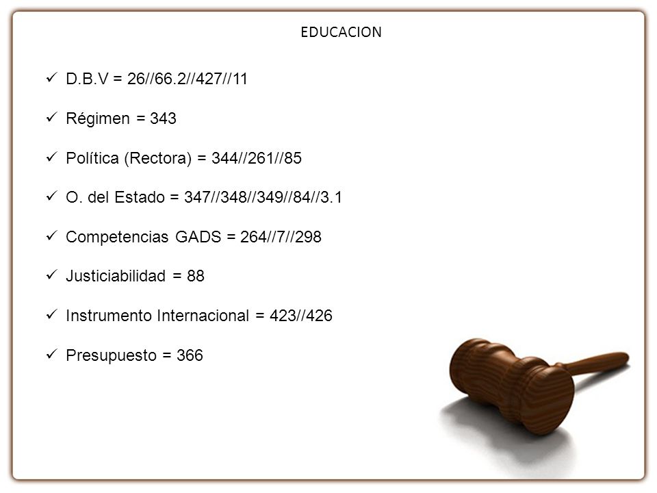 EDUCACION D.B.V = 26//66.2//427//11. Régimen = 343. Política (Rectora) = 344//261//85. O. del Estado = 347//348//349//84//3.1.