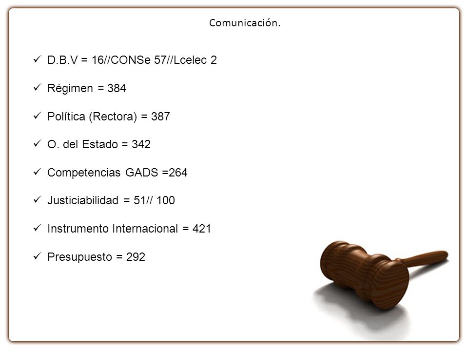 Comunicación. D.B.V = 16//CONSe 57//Lcelec 2. Régimen = 384. Política (Rectora) = 387. O. del Estado = 342.