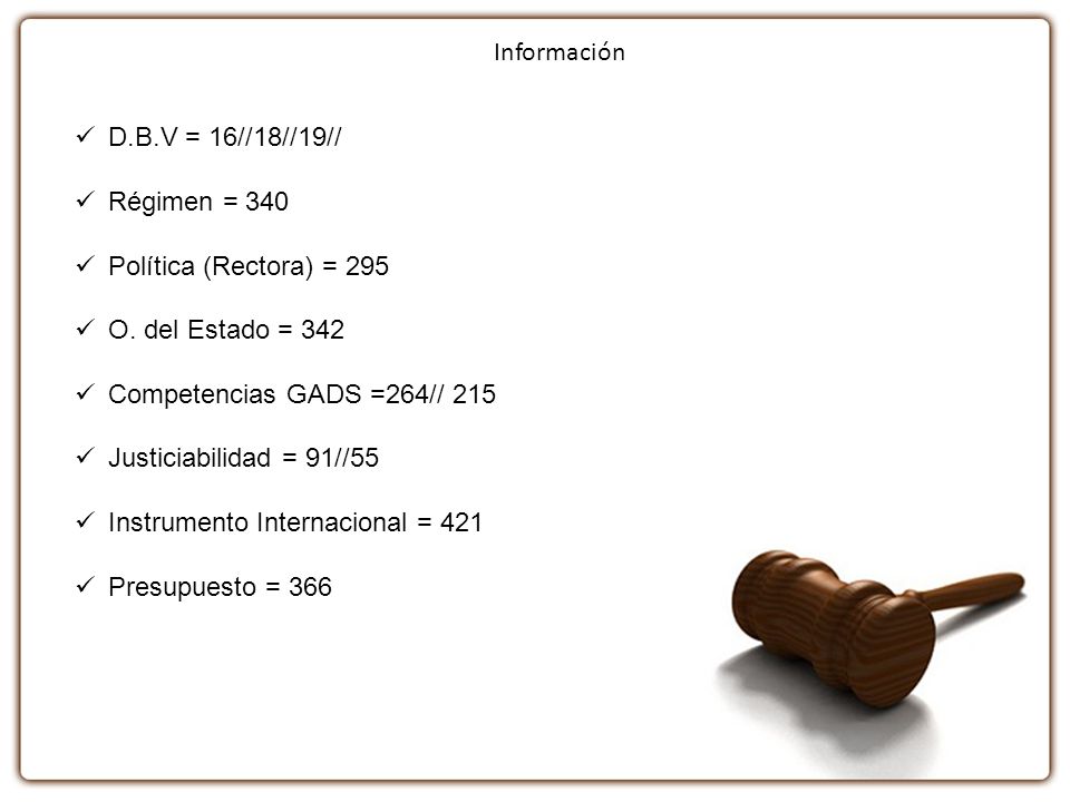 Información D.B.V = 16//18//19// Régimen = 340. Política (Rectora) = 295. O. del Estado = 342. Competencias GADS =264// 215.