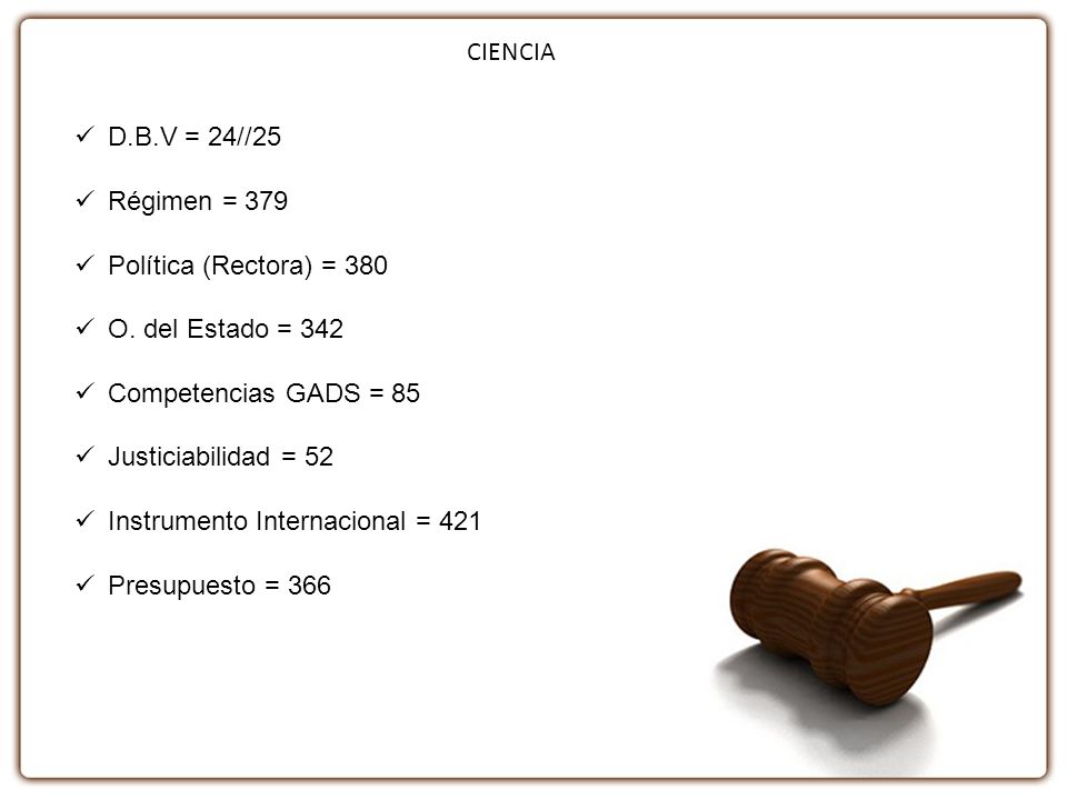 CIENCIA D.B.V = 24//25. Régimen = 379. Política (Rectora) = 380. O. del Estado = 342. Competencias GADS = 85.