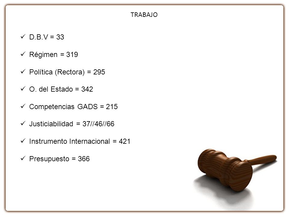 TRABAJO D.B.V = 33. Régimen = 319. Política (Rectora) = 295. O. del Estado = 342. Competencias GADS = 215.
