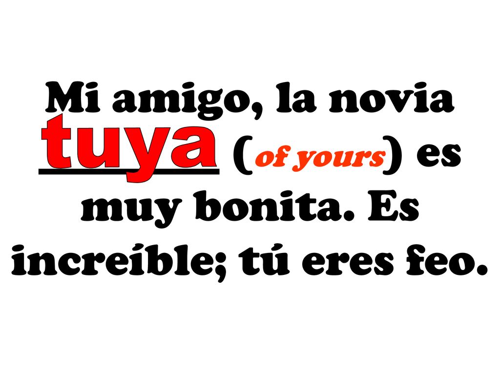 tuya Mi amigo, la novia ________ (of yours) es muy bonita. Es increíble; tú eres feo.