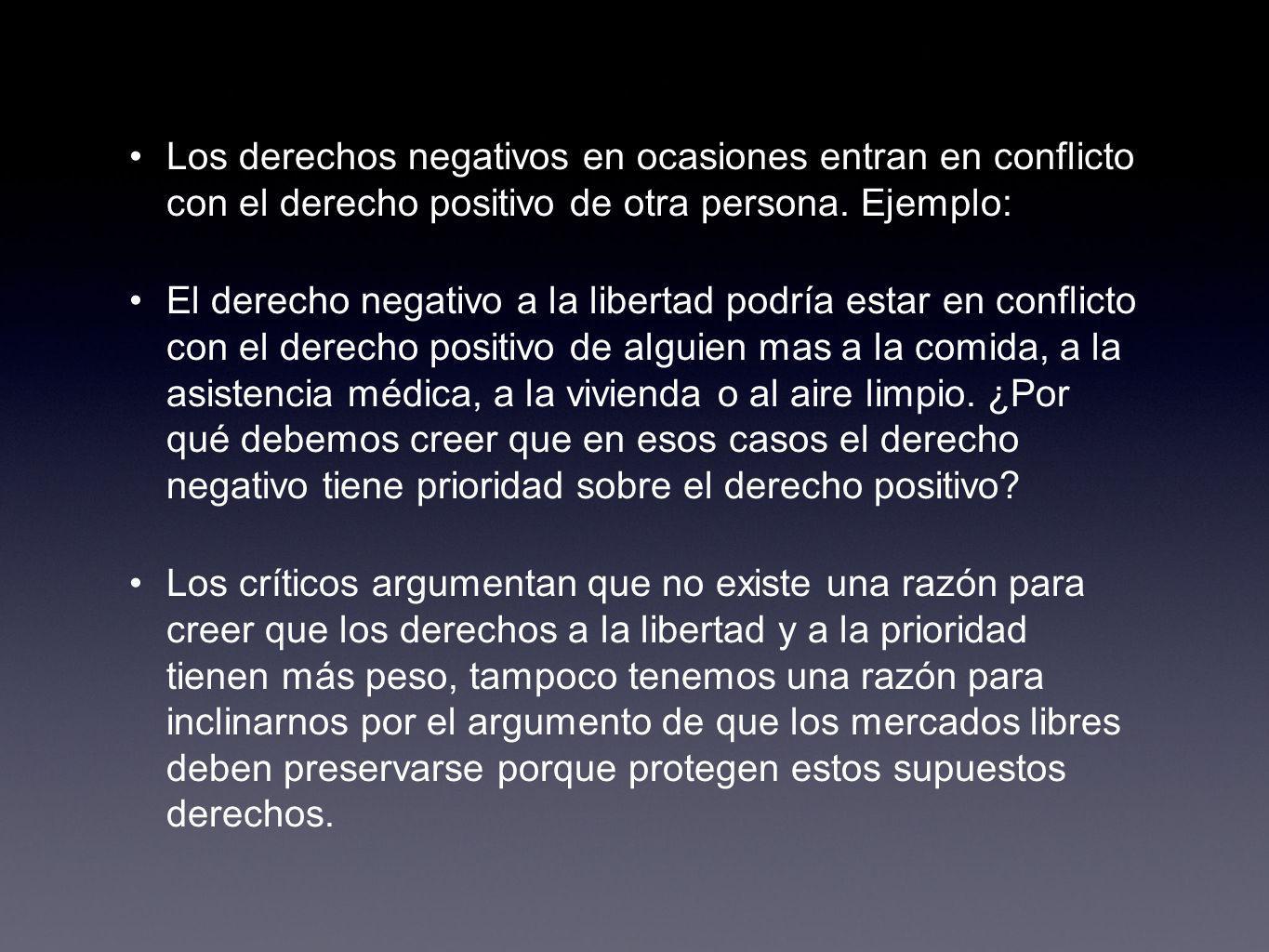 Los derechos negativos en ocasiones entran en conflicto con el derecho positivo de otra persona. Ejemplo: