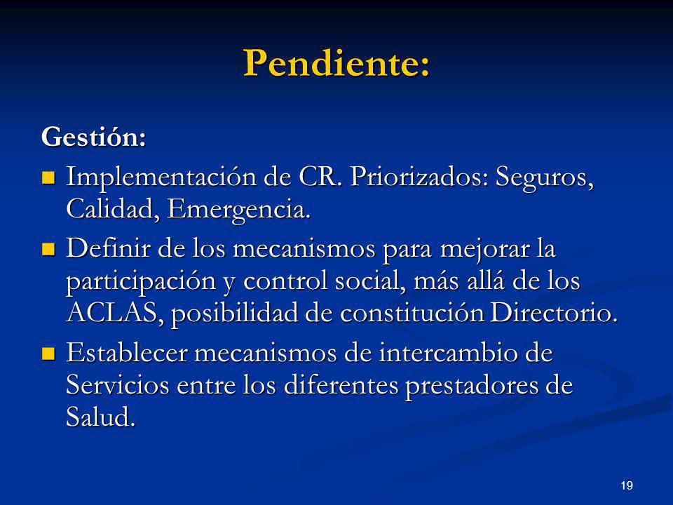 Pendiente: Gestión: Implementación de CR. Priorizados: Seguros, Calidad, Emergencia.