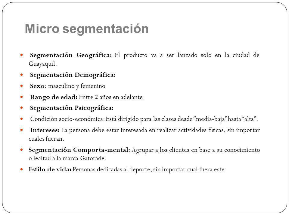 Micro segmentación Segmentación Geográfica: El producto va a ser lanzado solo en la ciudad de Guayaquil.