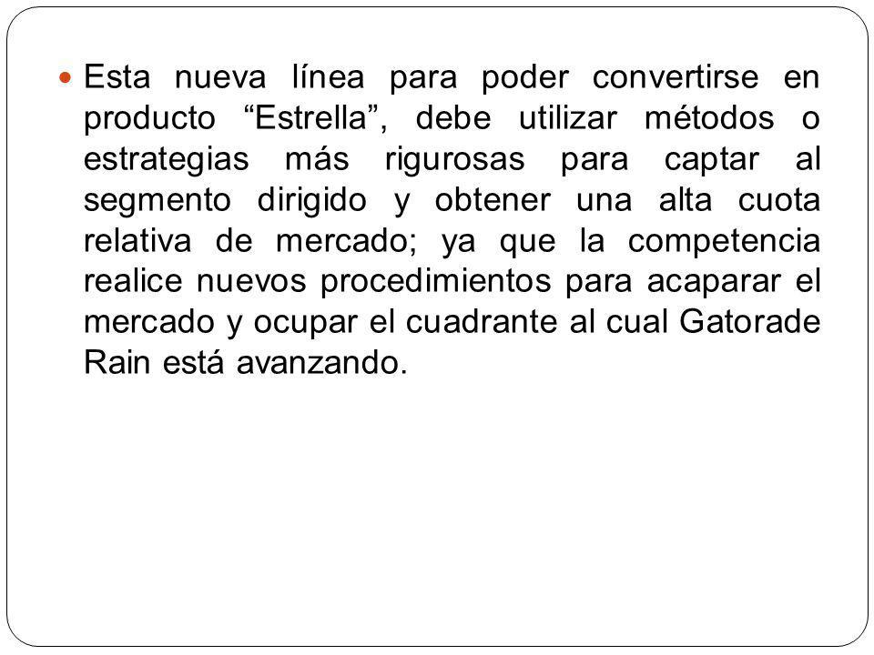 Esta nueva línea para poder convertirse en producto Estrella , debe utilizar métodos o estrategias más rigurosas para captar al segmento dirigido y obtener una alta cuota relativa de mercado; ya que la competencia realice nuevos procedimientos para acaparar el mercado y ocupar el cuadrante al cual Gatorade Rain está avanzando.